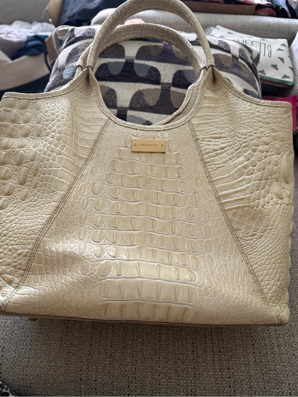Brahmin Cream Croc-Embossed Top-Handle Tote